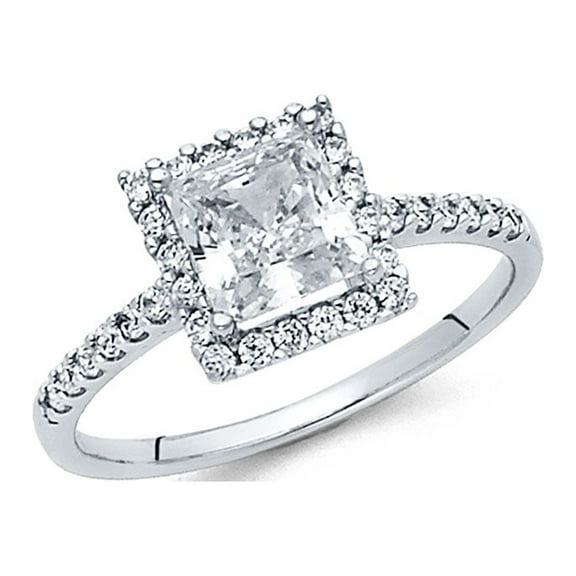 14k White Gold Princess Halo CZ Engagement Ring Anniversary Square CZ Band Side Stones Size 7