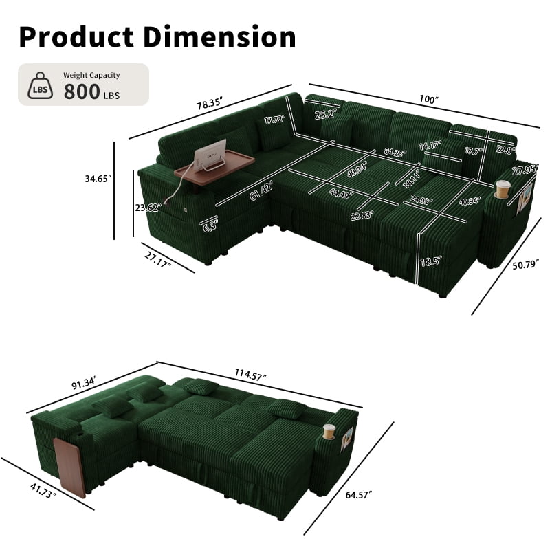 100"W L-Shaped Pull-Out Sofa Bed with USB Ports,Table Board,Cup Holder & Storage,7-Seat Corduroy Modular Sectional Sofa,Convertible Sleeper,Green