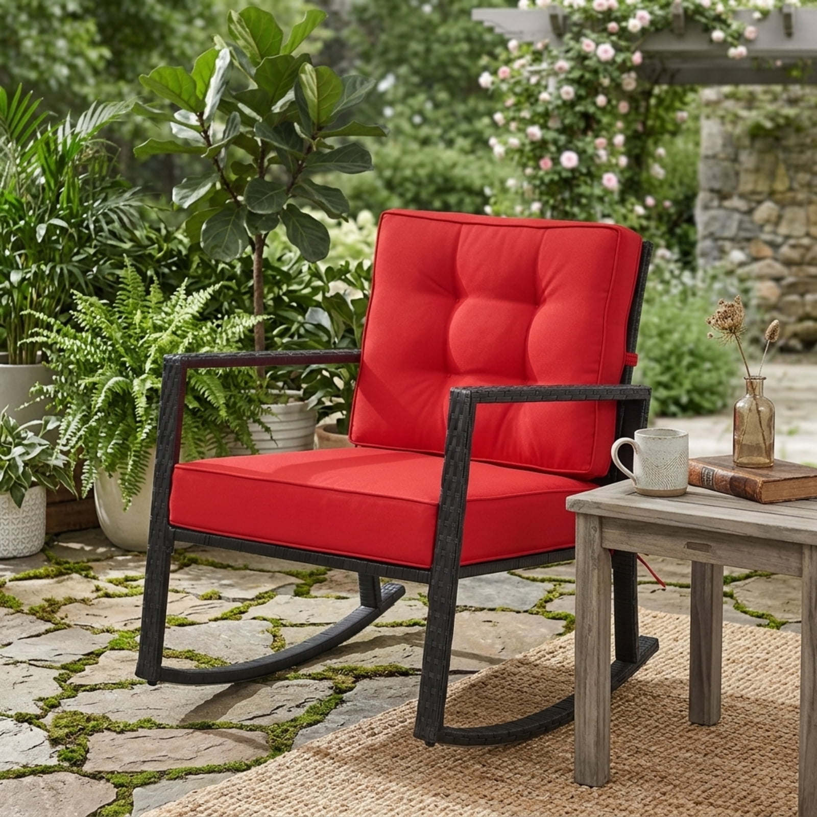 Furnibear Patio Rattan Rocking Chair Outdoor Glider Lounge Chair with Red Cushion, Wicker Rocker for Lawn Garden Deck Backyard, 360 lbs