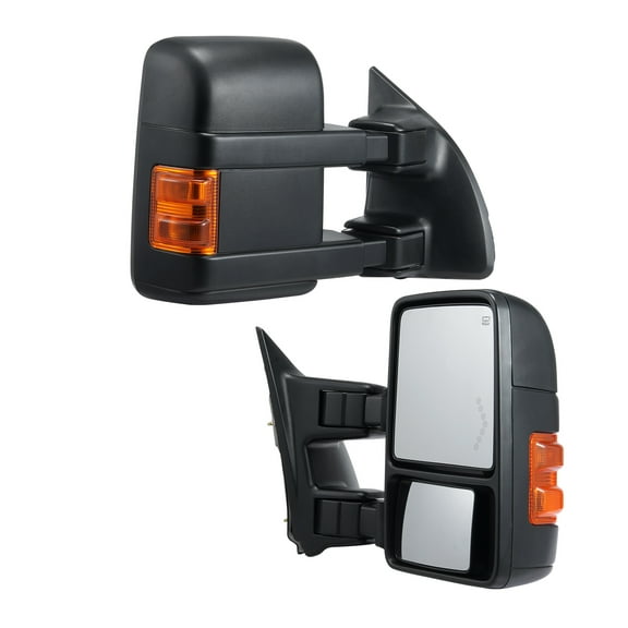 KFFKFF Trailer Mirrors, Set of Two for Ford F250 F350 F450 F550 (2008-2016), Electrically Heated with Indicator Light, Flat & Curved Glass, Manually Adjustable Telescopic Folding, Defrost Function