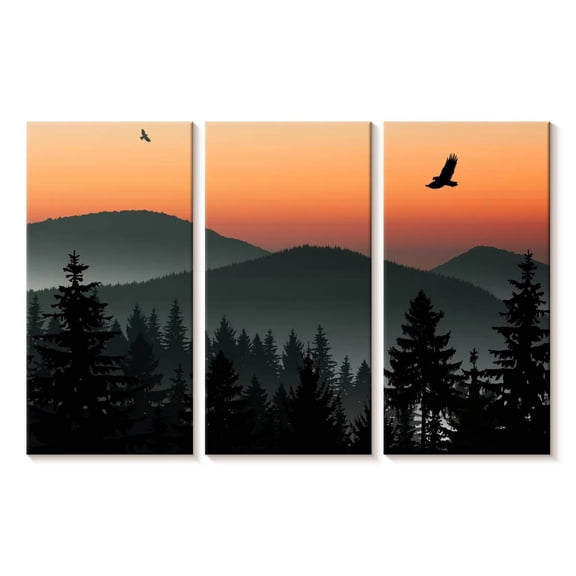 Elephant Stock Misty Mountain Eagles Wall Art - Horizontal Multi Panel Canvas - Living Room Wall Decor - Nature Multi Panel - Orange And Black Decor - 23" x 14"