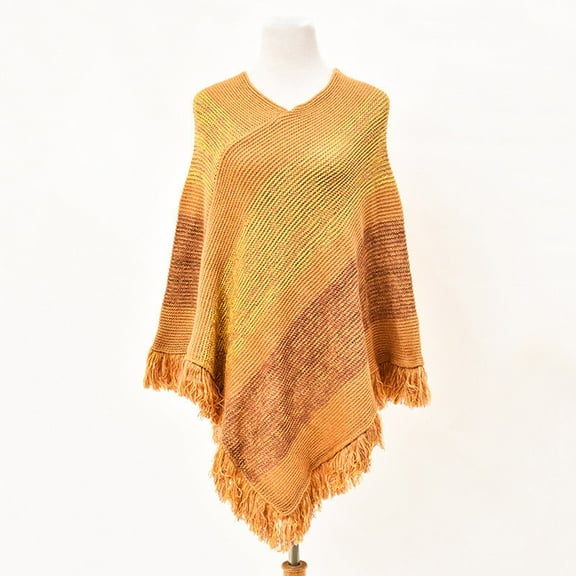 Winter Yellow Women Print Splice Poncho With Tassels Knitted Shawl Scarf Fringed Wraps Pashminas Sweater Pullover Cape Gifts For Tassel Hem Wrap Cloak