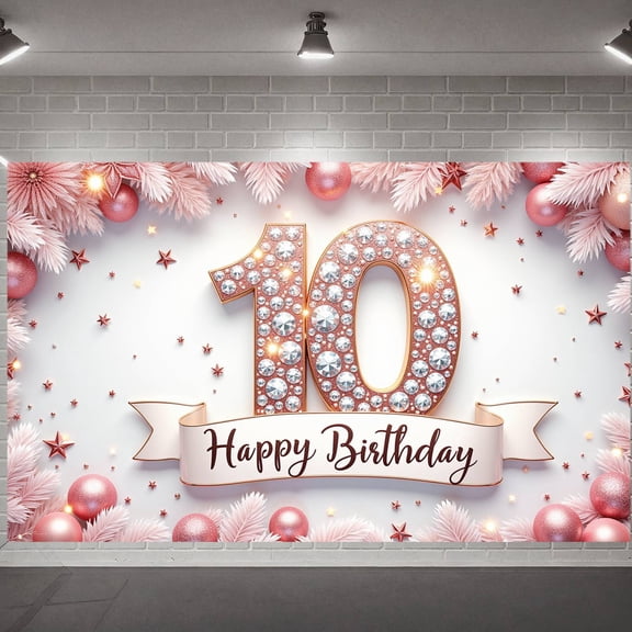Studded 10th Birthday Banner Pink Sparkling Happy Birthday Display Golden Border Ribbon Accent Decor Backdrop for 10th Birthday Party Girls' Birthday Celebration Indoor Party Decoration