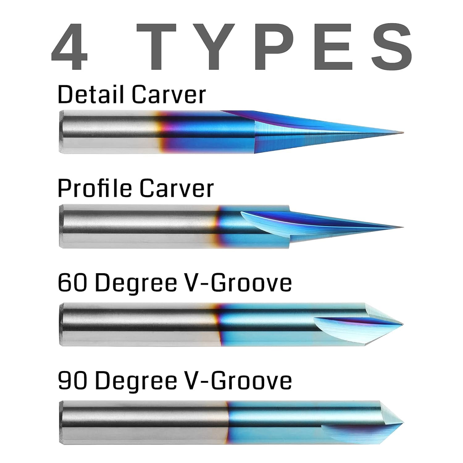 Genmitsu CNC Wood Carving Router Bits Set, 1/4'' Shank, 4 PCS, 15° Detail Carving Liner+ 20° Profile bit+ 60° & 90° V Groove