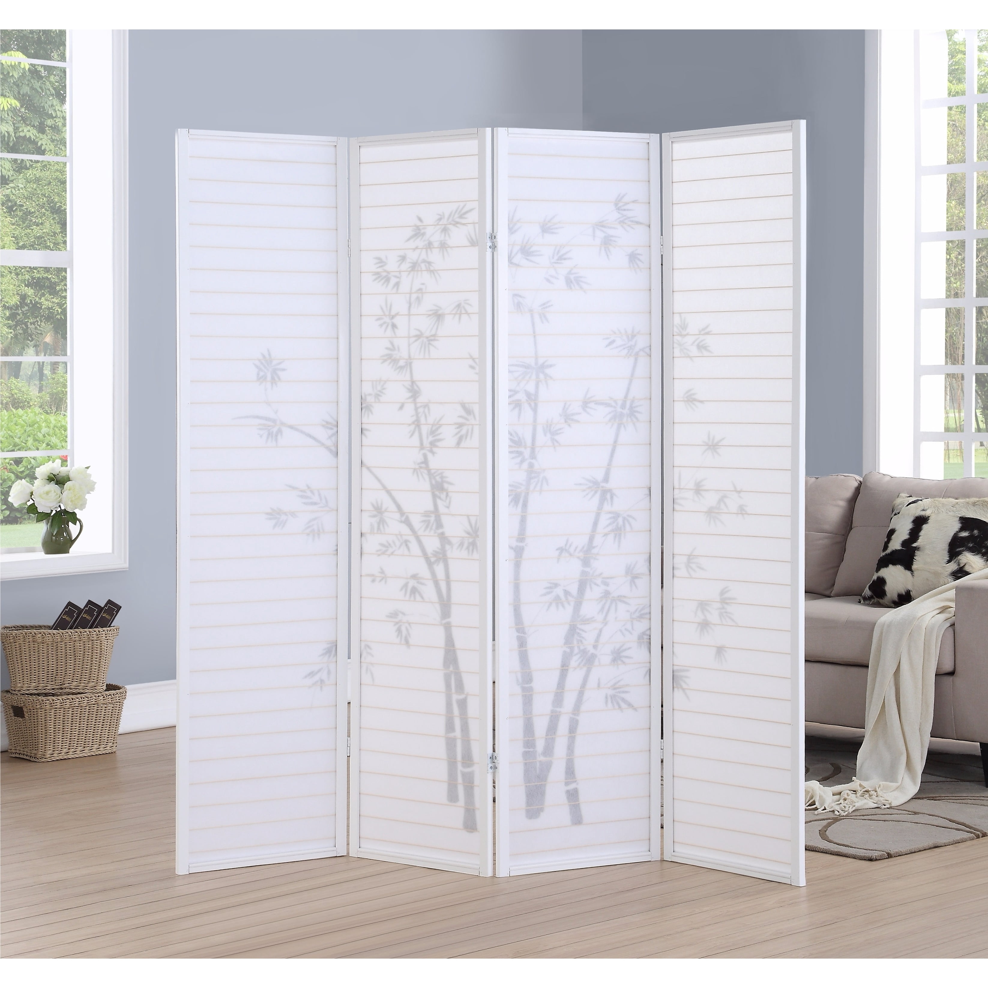 Roundhill Furniture Bamboo Print 4-Panel Framed Room Screen/Divider Black