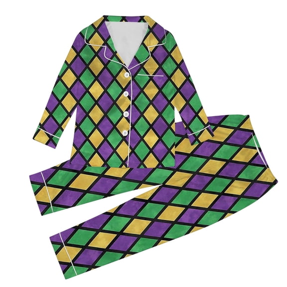 Tisuna Child Girl'S Mardi Gras Pajamas Outfits Plaid Print Long Sleeve Lapel Collar Shirts And Pants Set Comfortable Casual Teen Kids Carnival 2 Pieces Sleepwear Multicolour Size 3-4 Years