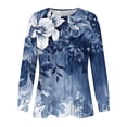 thumbnail image 4 of Womens Tops Casual Loose Fitting Pleated Round Neck Trendy Floral Print Long Sleeve Round Neck T-Shirt Tunic Tops,Blue 1,XL, 4 of 5