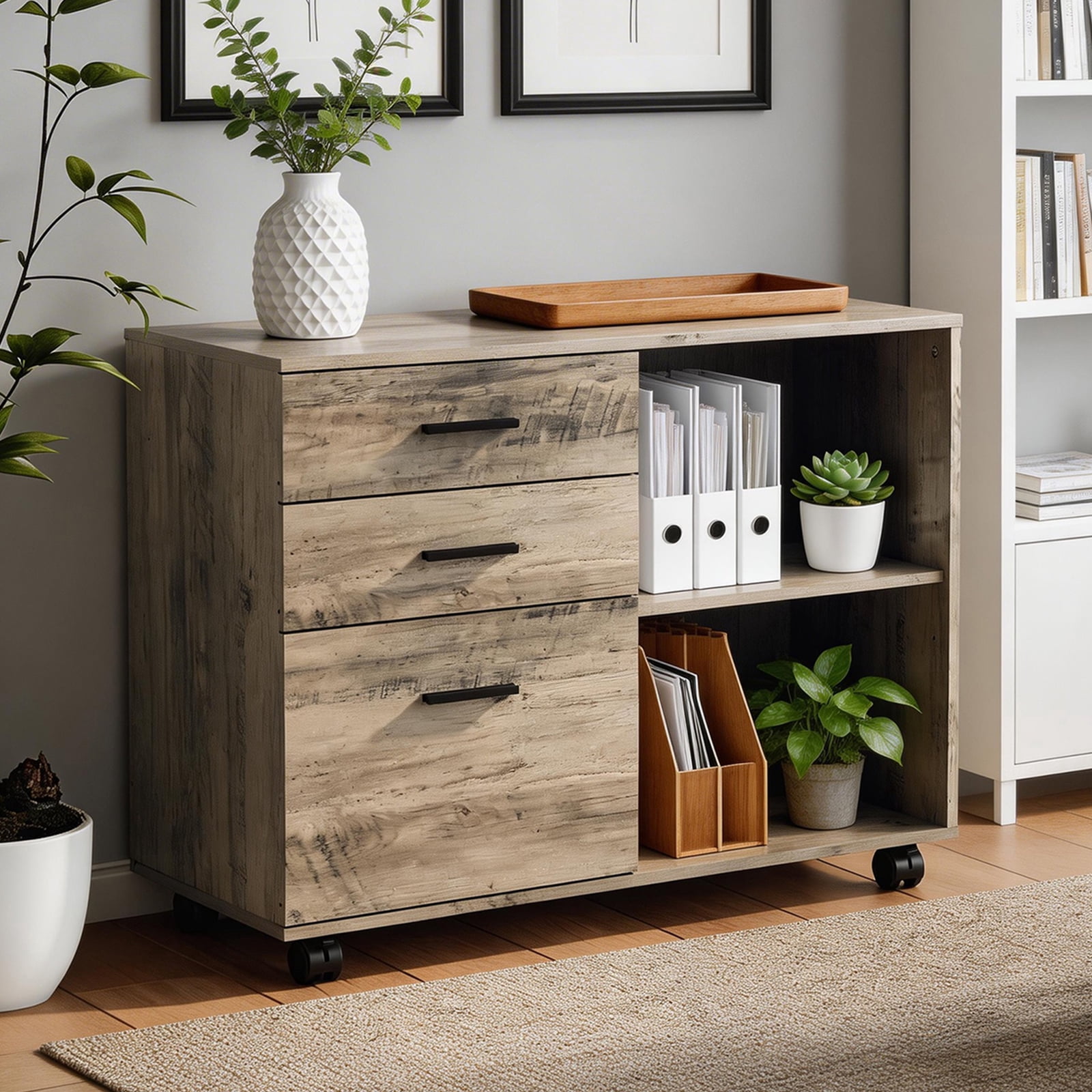 Ktaxon 3 Drawer File Cabinet with Open Shelf, Wood Rolling File Cabinet with Open Shelves,Legal & Letter Size Gray