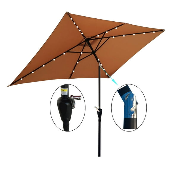 10 x 6.5t Rectangular Patio Solar LED Lighted Outdoor Market Umbrellas with Crank & Push Button Tilt for Garden Shade Outside Swimming Pool