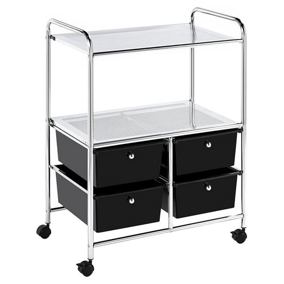 Rolling Storage Cart with Drawers - 2 Shelf Metal Utility Cart on Wheels, Black - Organizer for Home, Office, Palette, 25 x 15.5 x 32.5 Inch