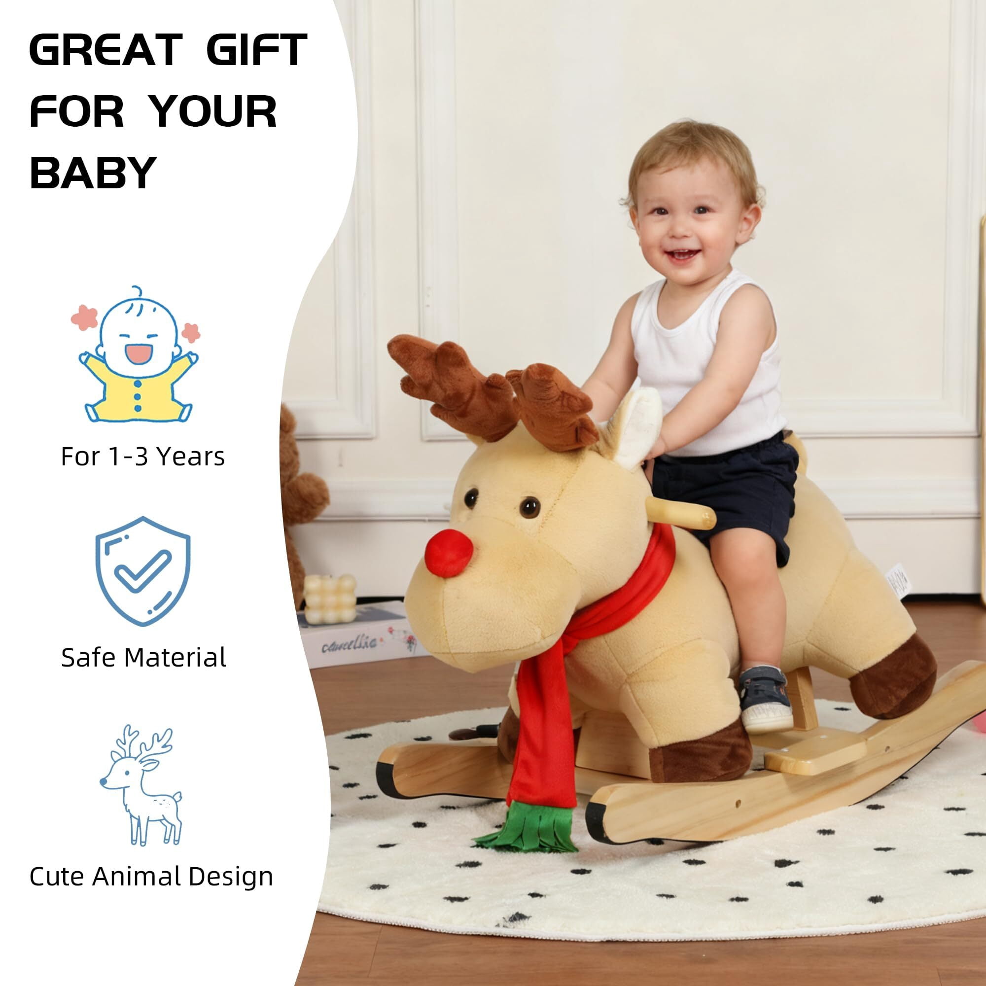 DIPU-Home Moose Ride-On Rocking with Lullaby Song, Hand Puppets, Safety Belt, Plush Rocking Horse for Ages 1-3, Interactive Kids Rocker, Apricot