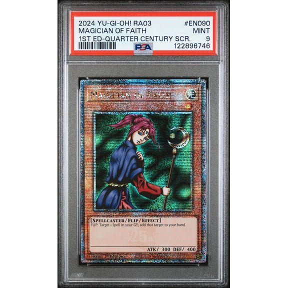 2024 Yu-Gi-Oh! RA03 Quarter Century SCR Magician of Faith #EN090 1st Ed PSA 9