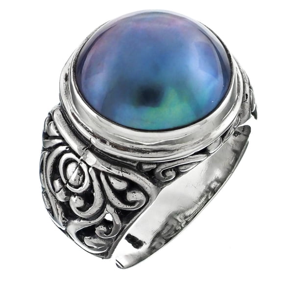 Bali Scrollwork South Pacific Blue Mabe Pearl 925 Sterling Silver Ring