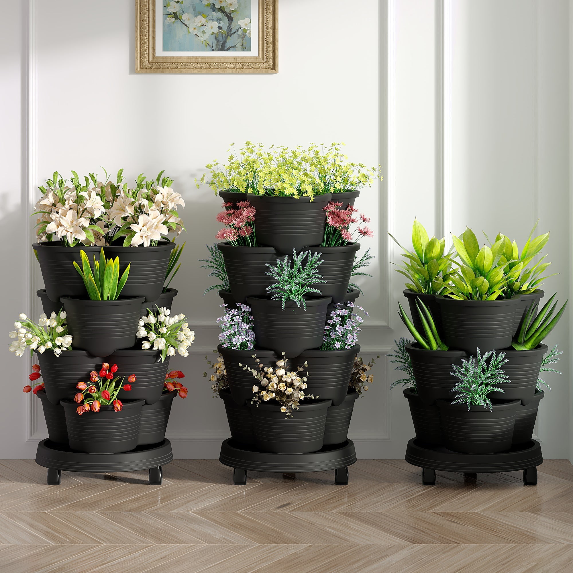 VECELO Stackable Planters 5 Tier Vertical Gardening Planter, Stackable Garden Tower Indoor Outdoor Pot For Strawberries, Flowers, Herbs, Vegetables With Removable Wheels, Black