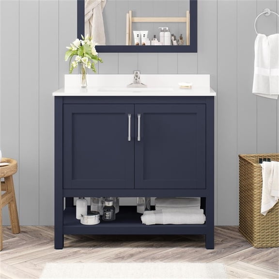 Pemberly Row 36" Bathroom Vanity in Midnight Blue with White Countertop