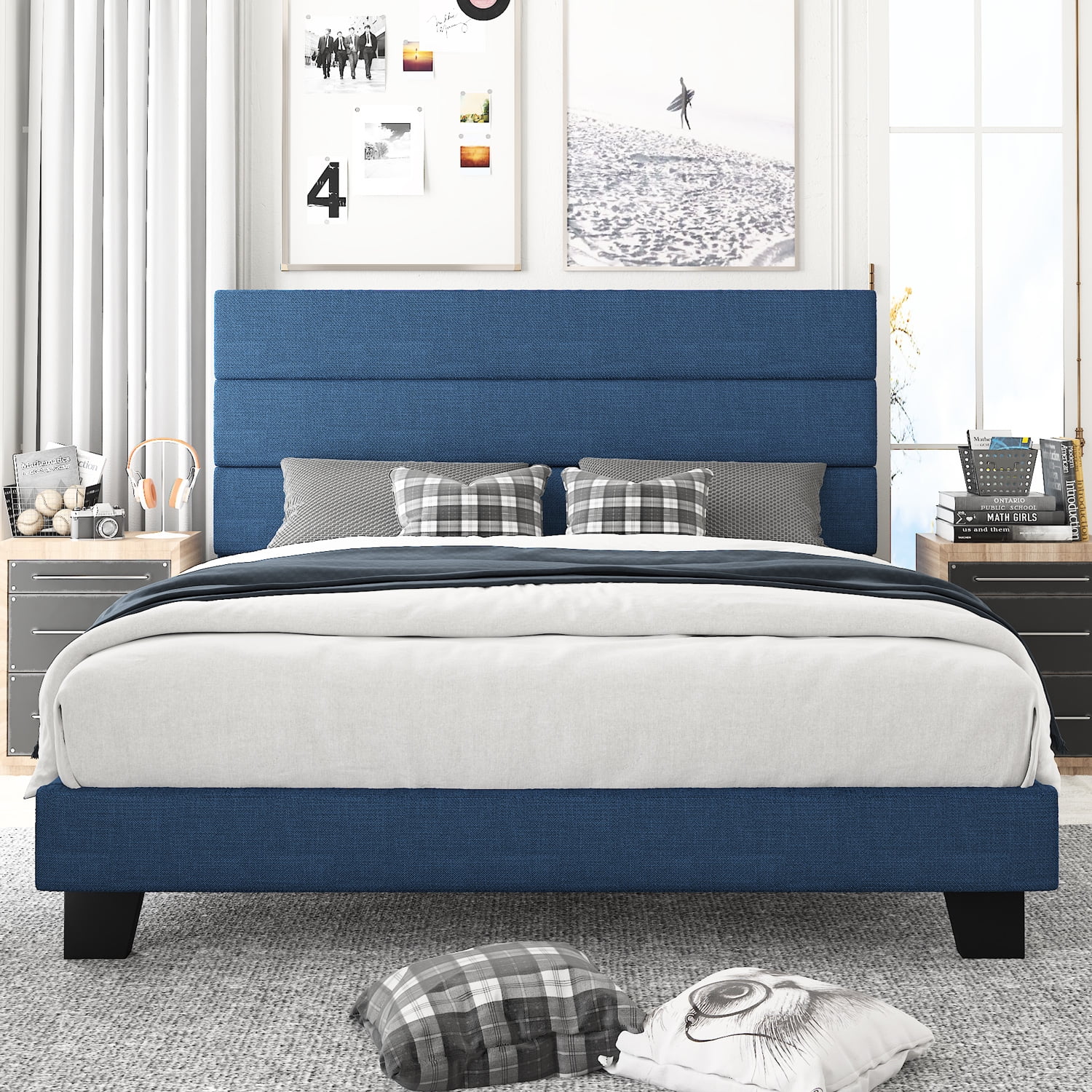 Amolife Queen Size Navy Blue Fabric Upholstered Platform Bed Frame with