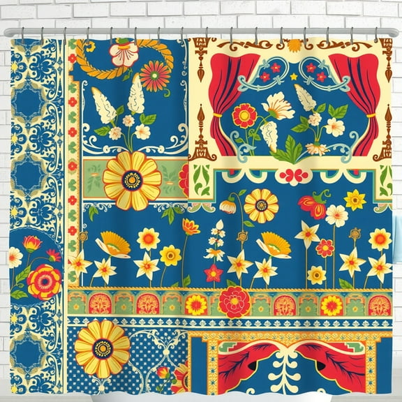 Vibrant Patchwork Floral Shower Curtain - Bold Blue Background, Whimsical Design