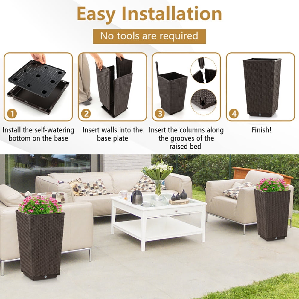Topcobe Outdoor Wicker Flower Pot Set of 2 with Drainage Hole for Porch Balcony, Planters for Plants, Raised Garden Beds Indoor Outdoor, Brown