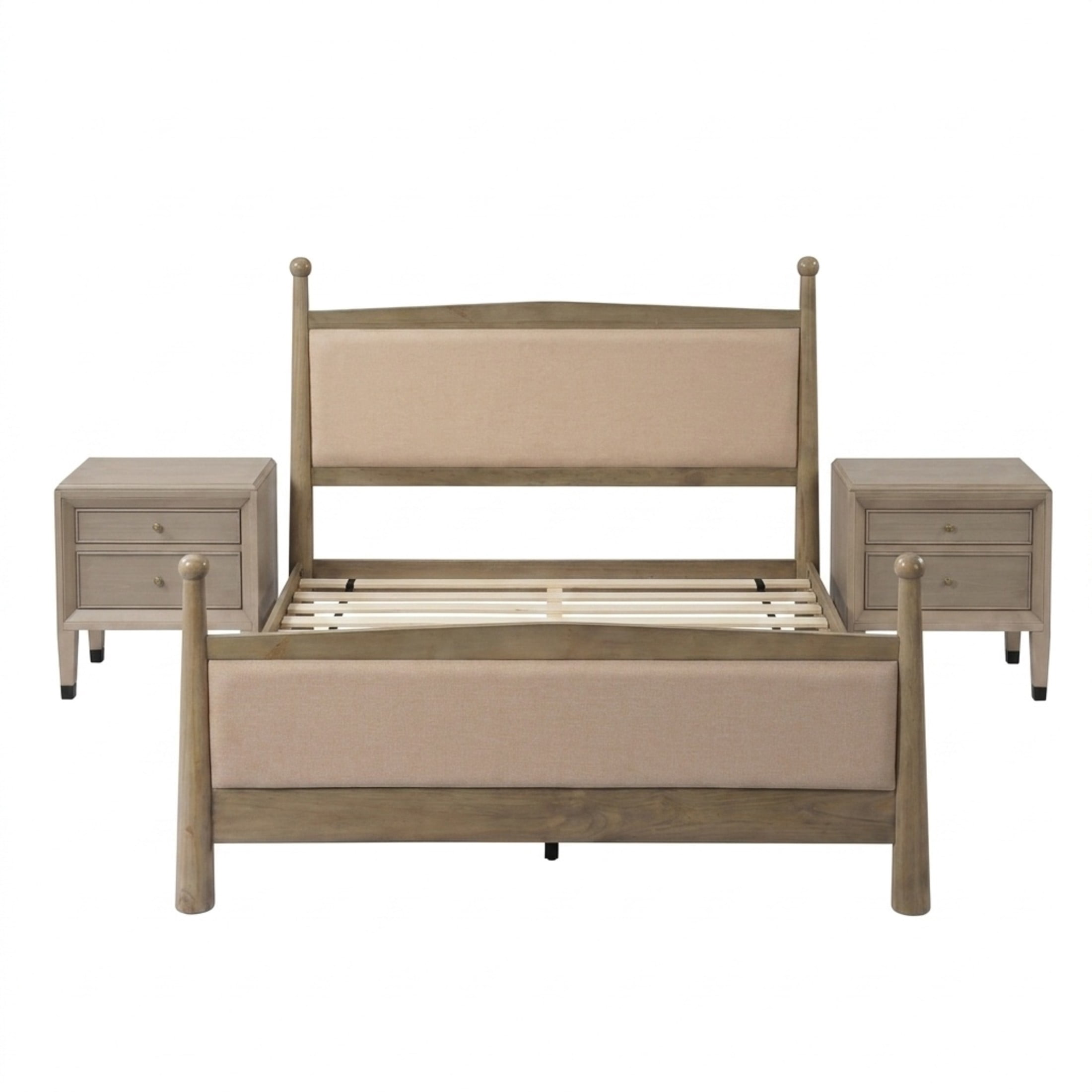 Christopher Knight Home Farmhouse Bedroom Set, Queen Upholstered Bed with 2 Nightstands, Natural+Gray