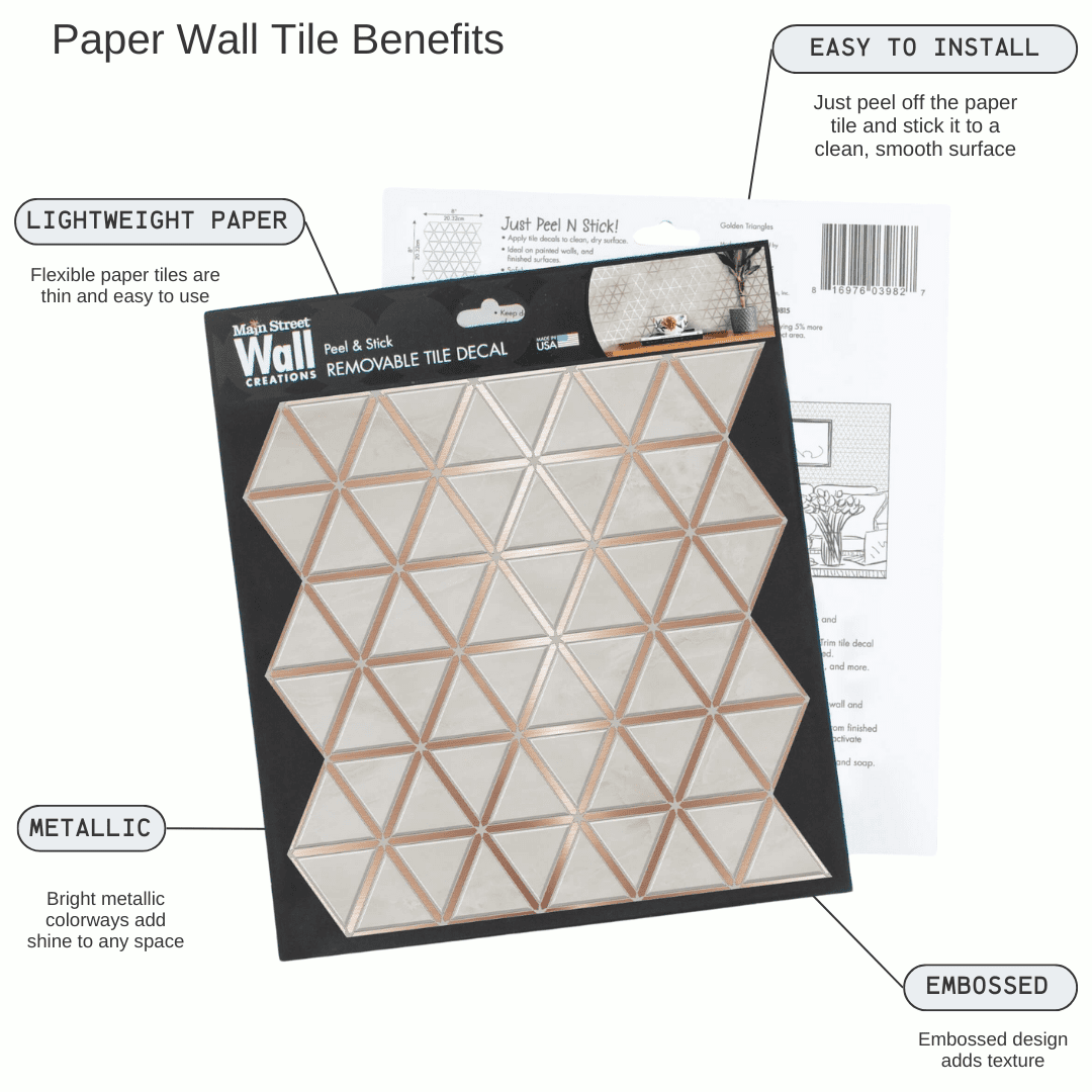 Main Street Peel & Stick Wallpaper Tiles, Rose Gold Triangle, 8 in x 8 in, 24 Pack, Self Adhesive Wall Tiles for Kitchen Backsplash and Home Decor