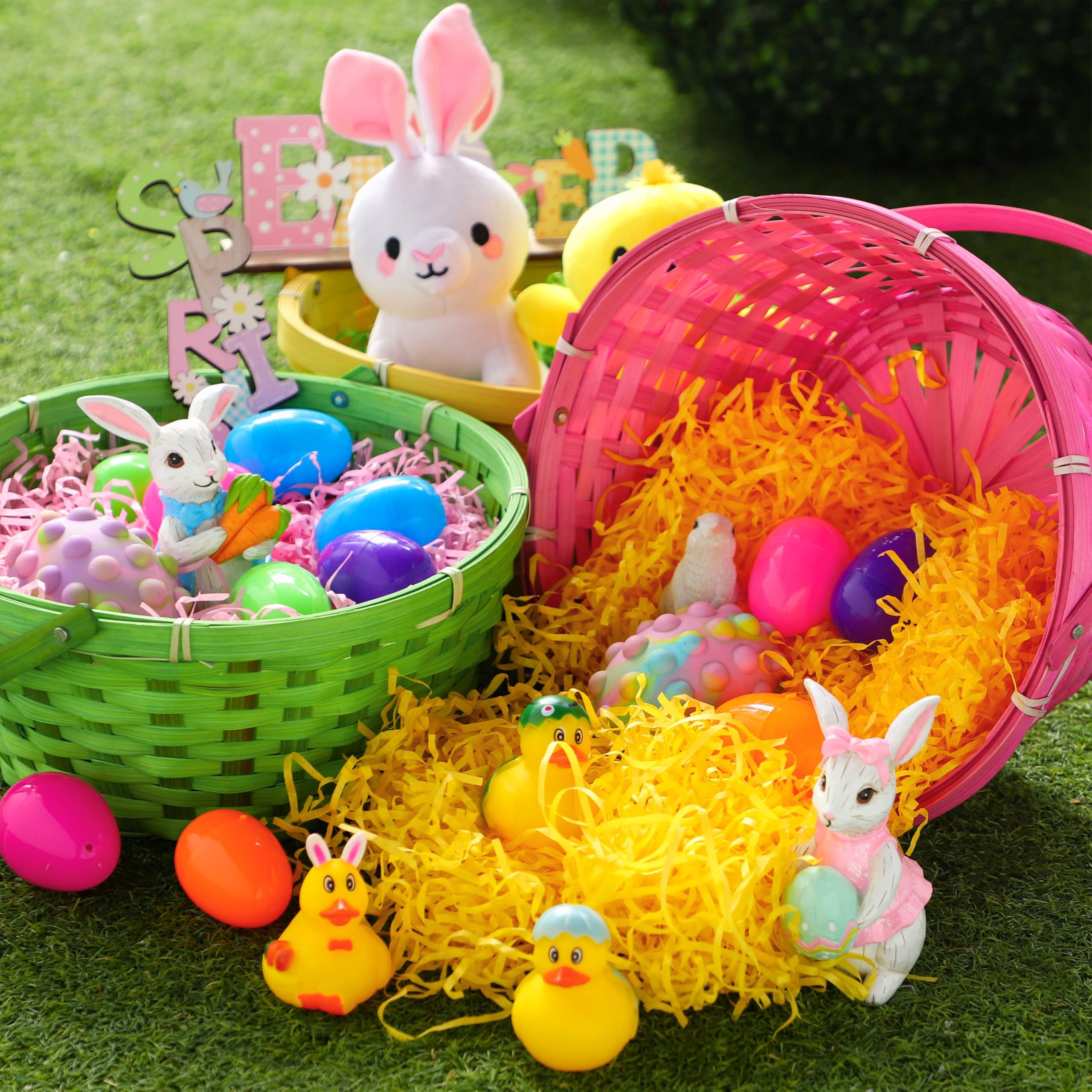 3 Easter Baskets With Handle And 3 Colors Grass Paper Shreds  Empty Gift Basket For Egg Hunt Party Supplies Filling Candy & Favors (yellow Pink Green)