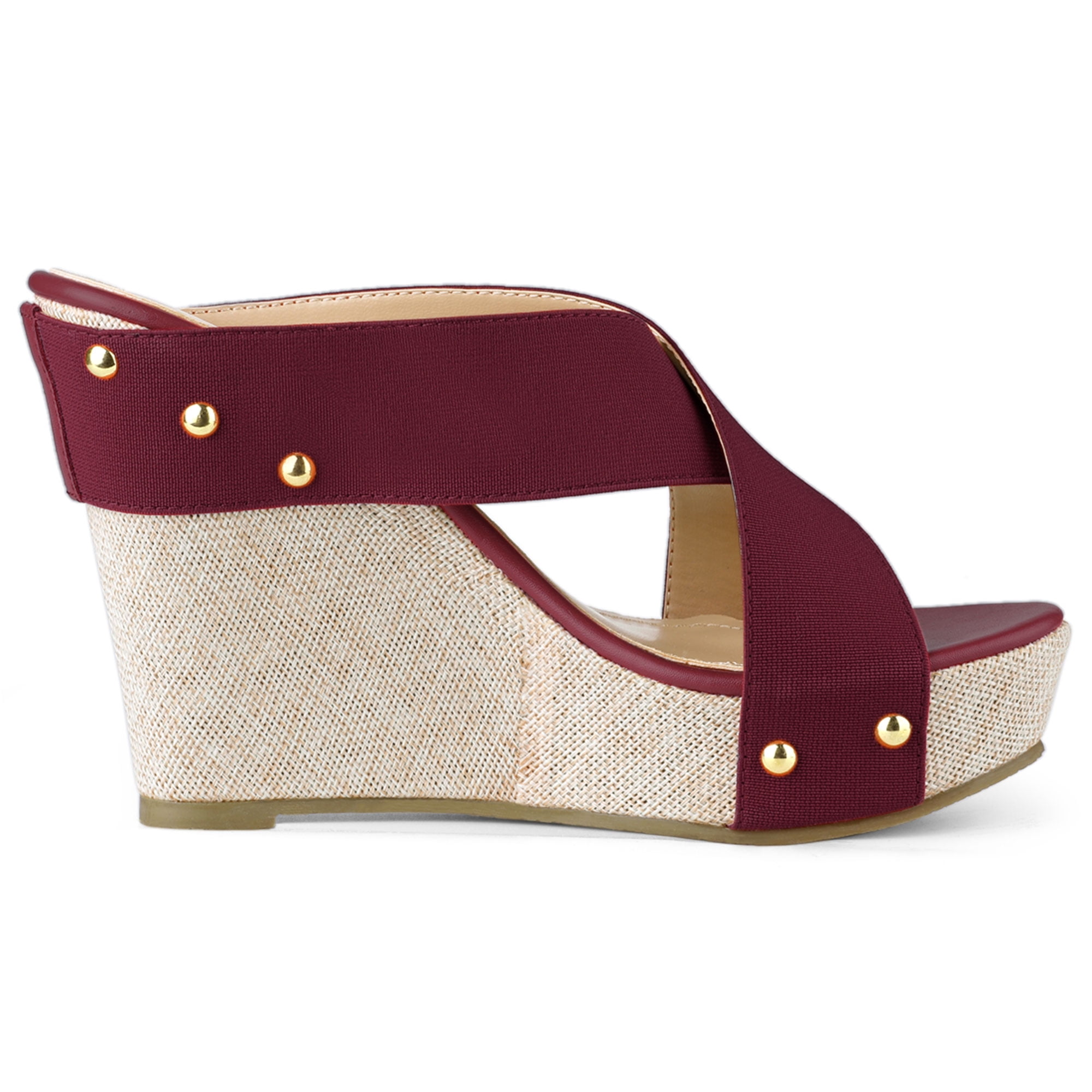 DARING DIVA Women's Stylish Open Toe Linen Platform Slide Wedge Sandals Burgundy 7.5