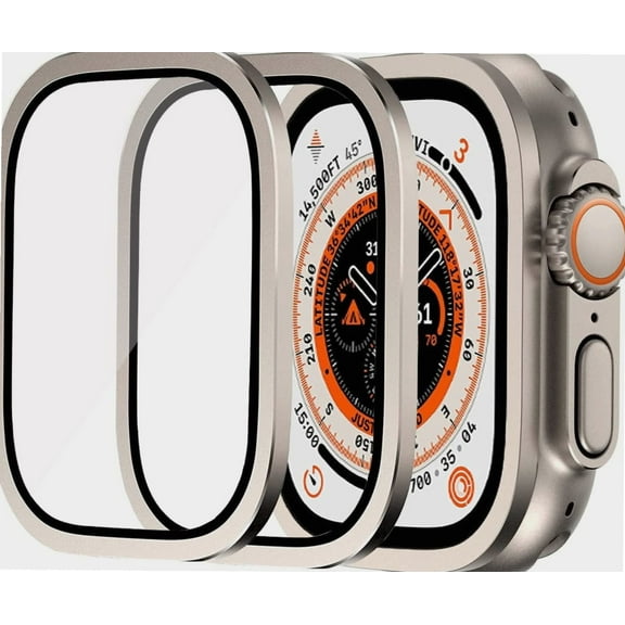 2 Pack Apple Watch Ultra 49mm Tempered Glass Screen Protector with Titanium Alloy Case, Full Coverage Bubble Free Anti-Scratch Waterproof HD Film for iwatch Ultra