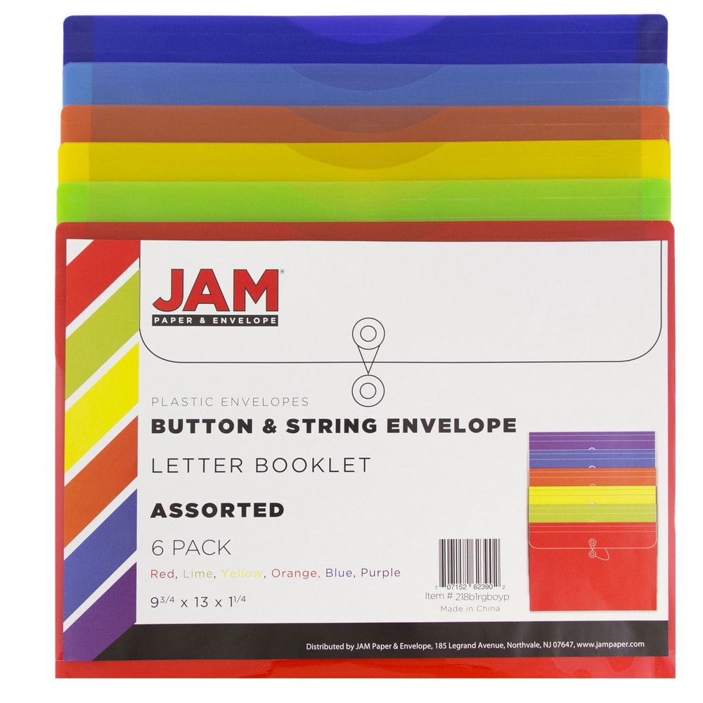 JAM Paper Plastic Envelopes, 9.8" x 13", 12 per Pack, Assorted, Button String, Letter Booklet, Medium