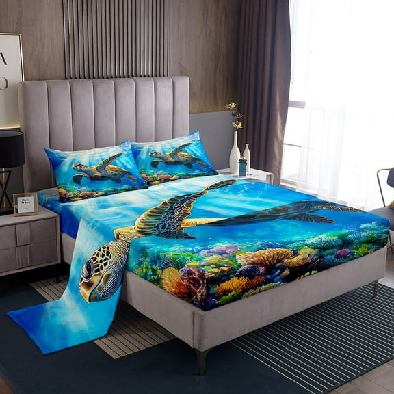 Erosebridal 3D Sea Turtle Twin Sheet Sets, Underwater World Bed Sheets Twin, Marine Coral Bedding Twin Size, Super Cozy Room Decor, 3 Pieces