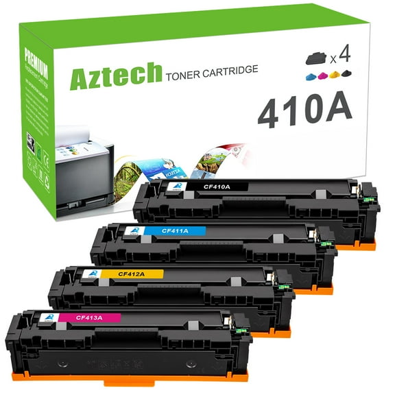 A Aztech Compatible 410A Toner Cartridge 4-Pack for HP 410A CF410A CF411A CF412A CF413A Work with LaserJet Pro M452nw MFP M477fdw M477fdn M377dw M477fnw Printer Ink (Black,Cyan,Magenta,Yellow)