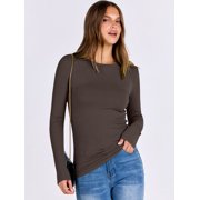 ANRABESS Long Sleeve Shirts for Women Ribbed Knit Slim Fit Basic Tops Crewneck Tees Spring Fall Casual Underscrubs Layer Clothes Brown Medium
