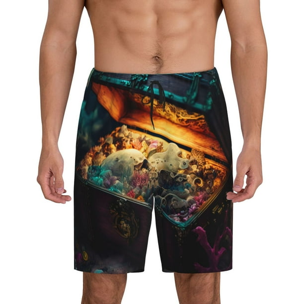 Balery Underwater Treasure Chest Pantalones cortos de pijama de punto de algodón para hombre con cinturilla y bolsillos-3X-Large