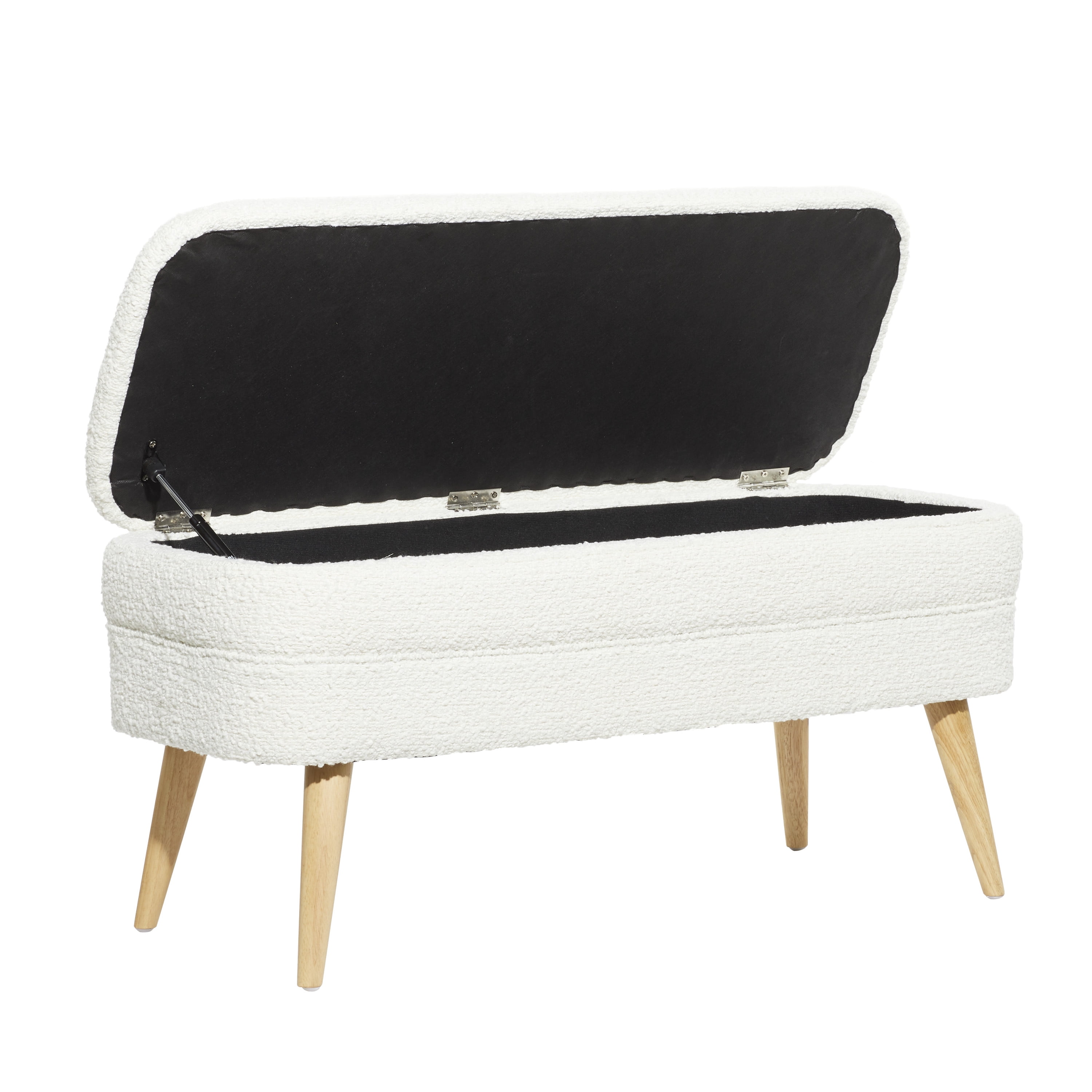 DecMode Polyester Rounded Upholstered Boucle Storage Bench with Wood Legs, White