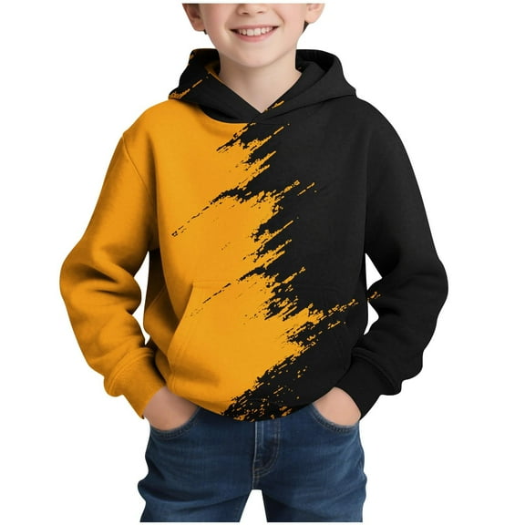 Boy's Pullover Printed Long Sleeve Casual Sports Hooded Long Sleeve Hooded Sweatshirts Top With Shoulder Inserts, 13 Years Yellow