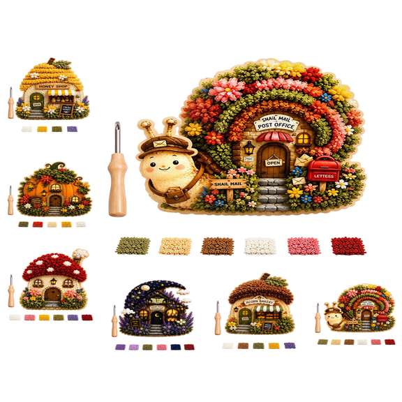 Whimsical Village 3D Fabric Poke Art Kit, Easy No-Sew Punch Craft Set with Pre-Printed Board, Therapeutic DIY for Living Room Decor (Snail Post Office)
