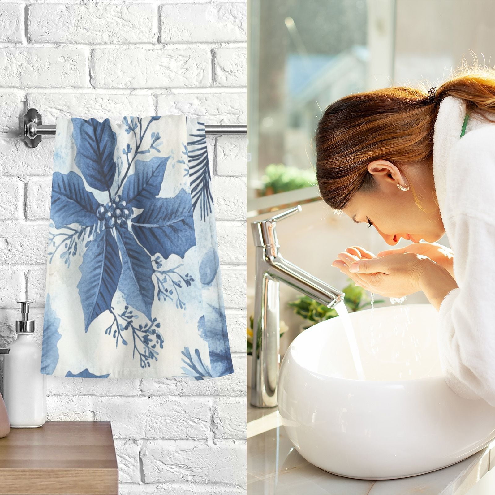 Blue Leaves and Flowers Hand Towels Cotton Bath Towels Large Face Towels Absorbent for Bathroom 2 Packs