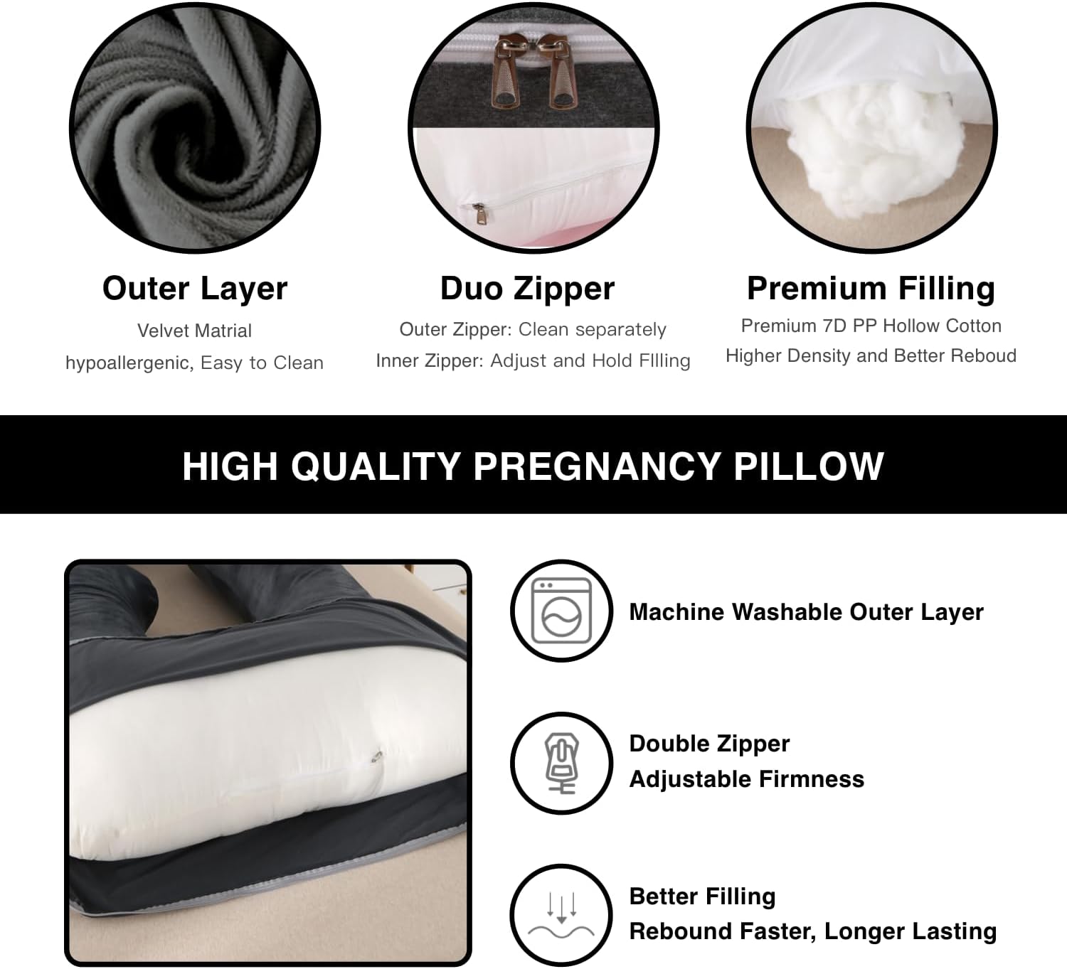 Pregnancy Pillow, Full Body 57 Inch Maternity Pillow with Removable Washable Cover - Sleep Support for Legs, Back, Neck, Shoulder, HIPS, Belly for Pregnent Women, Black Grey Velvet Cover