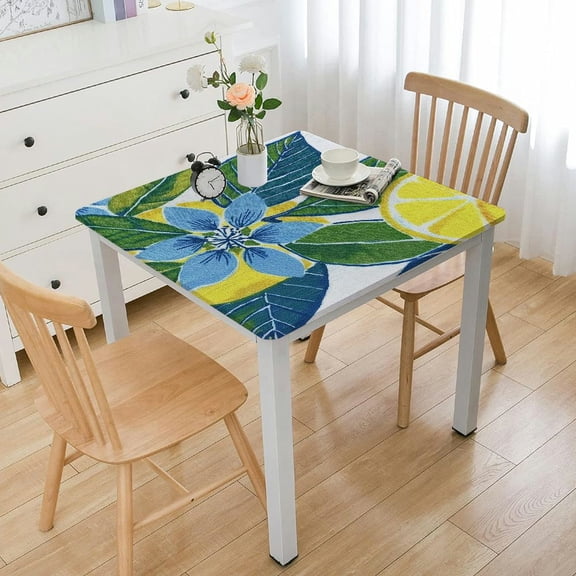BANET Elastic Edged Flannel Backed Vinyl Fitted Table Cover - Contemporary Lemon Pattern- Fits Square Tables white