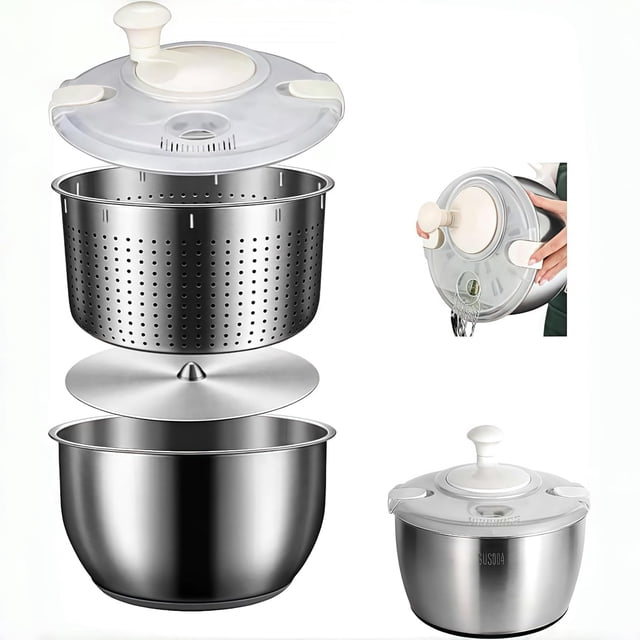 Salad Spinner Stainless Steel, Metal Salad Spinner, Salad Spinner Large, 6L with PP Cover, Essential Kitchen Tool for Dehydrating Lettuce, Fruits and Vegetables, Pasta and French Fries