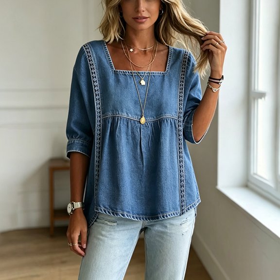 Morttic Women's Square Neck Faux Denim Mid Sleeve Blouse – Solid Color Casual Top with Lace Trim Front Summer Daily Outfit Navy Blue，S