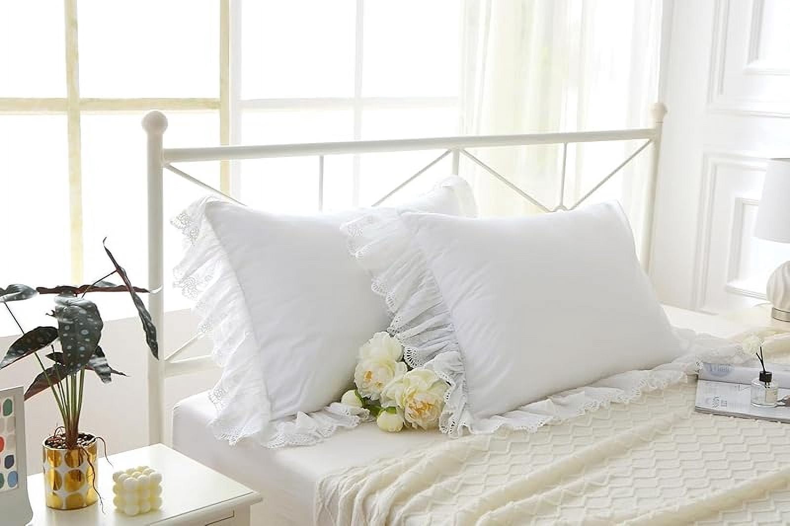 White Pillow Shams with Lace Ruffles Vintage Shabby Chic Pillowcases Pillow Covers Cotton King Size 20"X36" Luxury Elegant 2-Pack