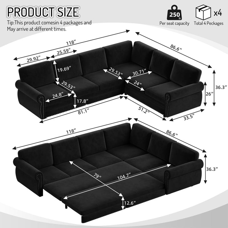 118" L-Shaped Convertible Sleeper Couch Bed, Chenille Upholstered Sectional Sofa with Pull-Out Sofa Bed, Modern Chesterfield Sofa for Living Room