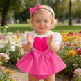 thumbnail image 2 of Girls Rompers Heart Print Short Sleeve Ruffled Crewneck Dress Bodysuit with Headband 2 Piece Casual Girls Jumpsuit 9 Months-12 Months, 2 of 7