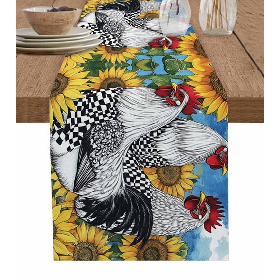 Vintage Sunflower Rooster Table Runner 72 Inches, Summer Floral Farmhouse Bed Runner Dresser Scarves Tabletop for Indoor Outdoor Parties/Ceremony/Banquet, 14" x 72"