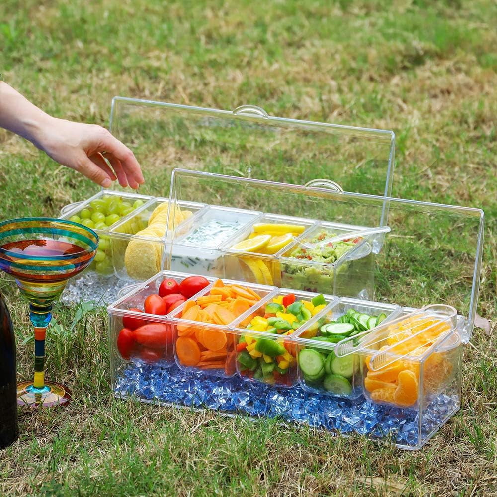 Condiment Server Tray with Lid, 5 Compartment Chilled Garnish Holder