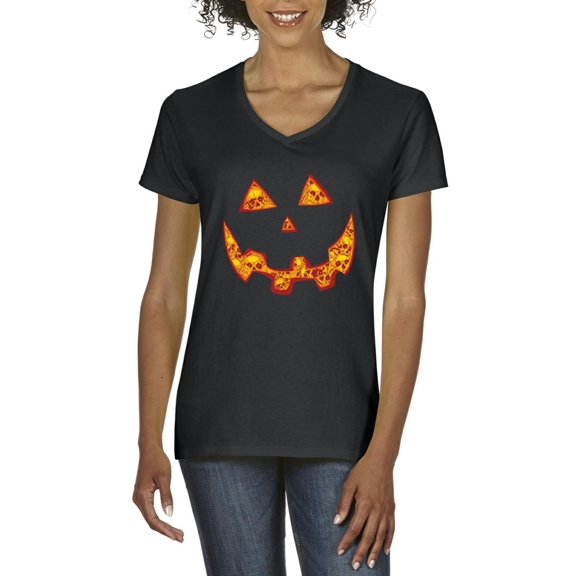 Artix - Women's T-Shirt V-Neck Short Sleeve - Halloween Costume Pumpkin Face