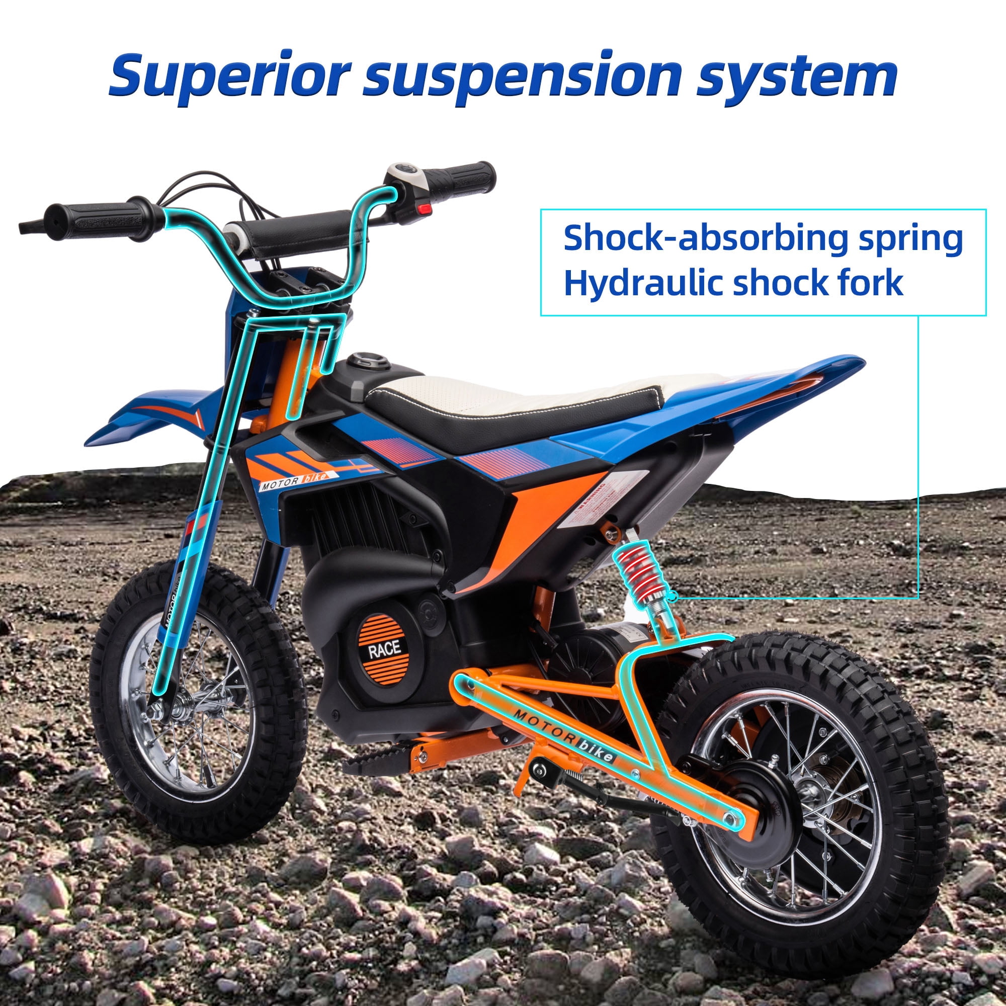 24V Battery Powered Kids Dirt Bike, 250W Electric Motorized Motorcycle Bike for Boys Girls Aged 8-14, Ride on Motorcycle Toy with Back Wheel Suspension, Blue