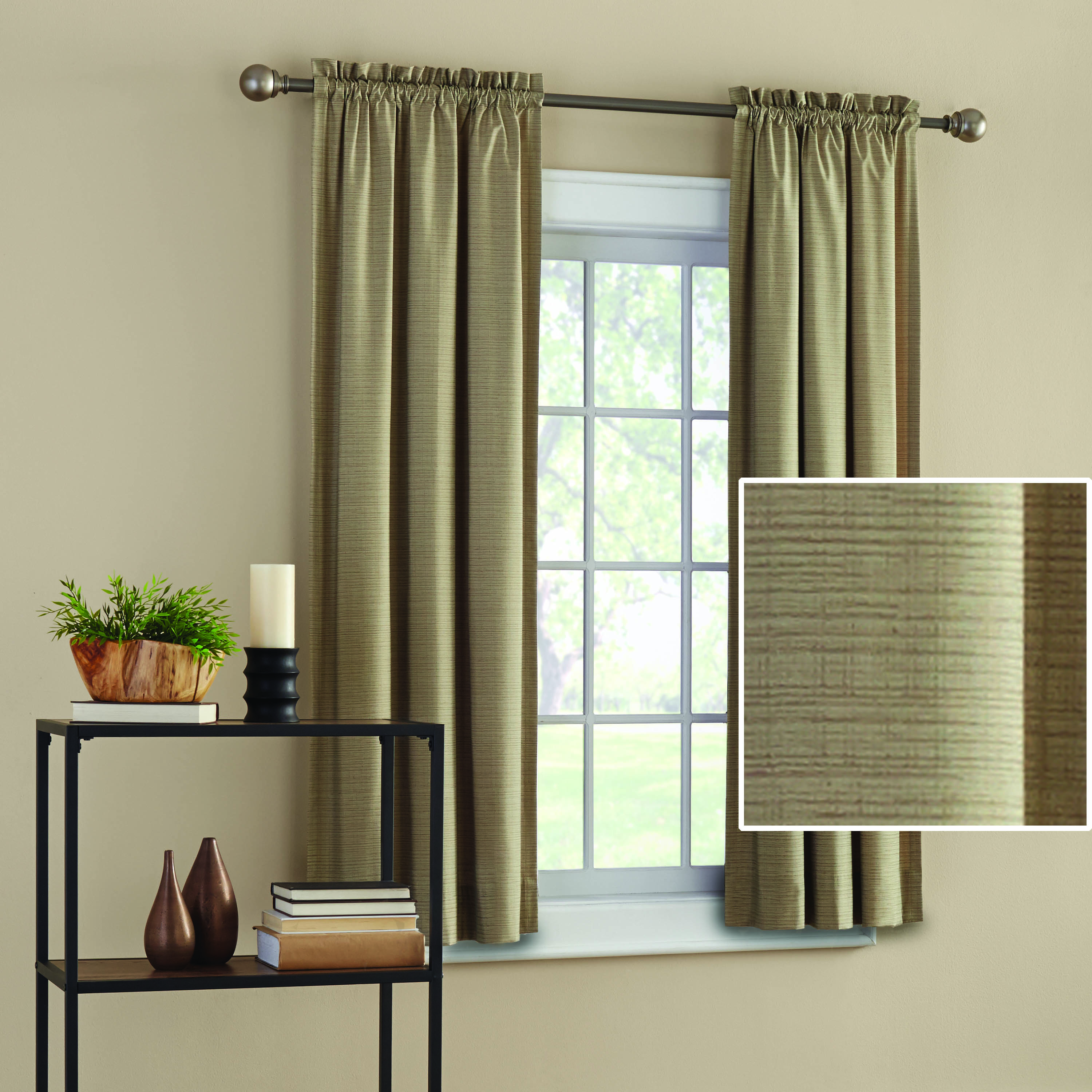 Mainstays Threaded Print Solid Color Room Darkening Rod Pocket Curtain Panel Pair, Set of 2, Taupe, 30 x 63