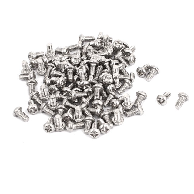 Unique Bargains M3x6mm stainless steel round pan head machine screws, 100 pieces. These silver-tone screws feature a round cross head design, a thread size of M3x6mm (0.12"x0.24"), and a thread pitch of 0.5mm. The total length is 8mm (0.3"), with a head size of 5x2mm (0.2"x0.08"). Suitable for use in home improvement, electronics, and construction projects.