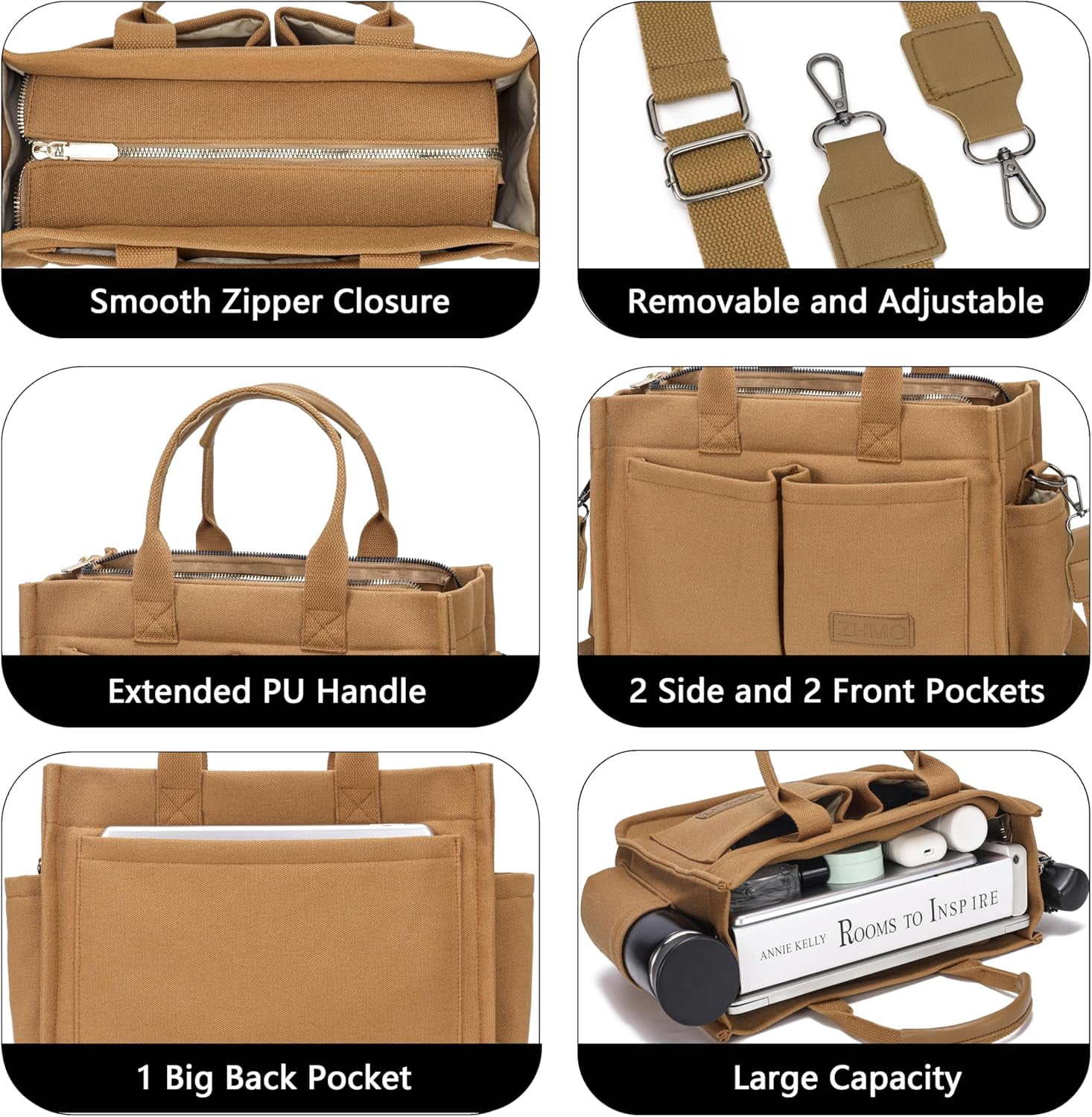 Large Canvas Tote Bag for Women With Pockets,Laptop Crossbody Purses Everything Everyday Bag Handbags for Work Beach Gym